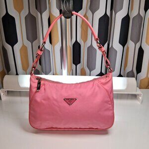 Vintage Prada Hobo Handbag Bubblegum Pink Nylon with Leather Trim Small Size